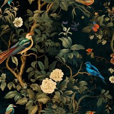 Luca Bloom Wallpaper - Painted Paper Bloom Wallpaper, Dark Cottagecore, A Wallpaper, Pattern Repeat, Painted Paper, Home Wallpaper, The Birds, Wallpaper Samples