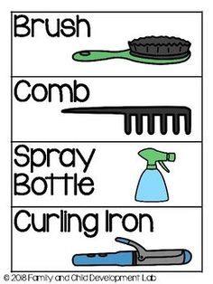 four different types of brush and combs with the words, spray bottle curling iron