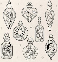 six bottles with different designs on them, each containing an image of a dragon and heart