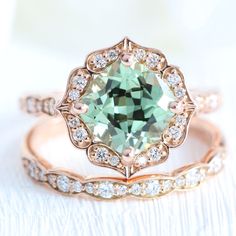 Large Green Sapphire Ring Stack Gold Vintage Halo Diamond Wedding Band | La More Design Sapphire Engagement Ring Gold, Vintage Halo Ring, Pink Gemstones Ring, Green Sapphire Engagement, Black Diamond Studs, Green Sapphire Engagement Ring, Green Sapphire Ring, Halo Diamond Earrings, Vintage Halo