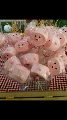 some pink pigs are wrapped in plastic and sitting on a red checkered tablecloth