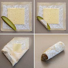 four pictures showing how to make a cheese cracker with cucumbers and cheese