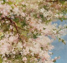 an oil painting of pink and white flowers on a tree branch with blue sky in the background