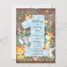 an elephant and giraffe 1st birthday party card