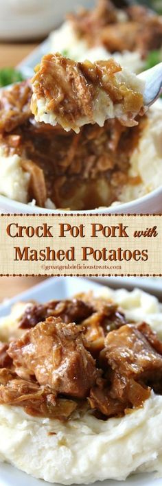 crock pot pork and mashed potatoes on a white plate with a fork in it