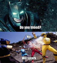 two pictures with the same caption, one is saying do you bleed? no, we spark