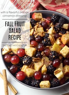 a bowl full of fruit and nuts with the words fall fruit salad recipe over it