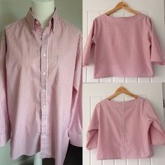 three different views of a pink and white striped shirt