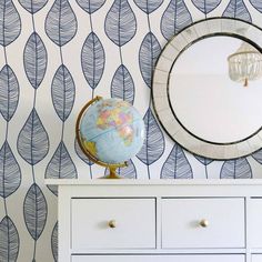 a globe sits on top of a dresser in front of a wallpapered background