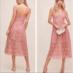 Sweet, Playful And Party-Ready, This Lace Midi-Length Dress Has Slender Straps And An Airy Silhouette That's Perfect For Twirling In The Sun. - Hidden Back-Zip Closure - Adjustable Straps -Neck - Sleeveless Partially Lined - 100% Polyester New With Out The Tag Size M Feminine Lace Trim Midi Dress For Party, Feminine Lace Dress For Spring Party, Feminine Spring Lace Party Dress, Feminine Spring Party Lace Dress, Fitted Rose Dress For Garden Party, Feminine Pink Lace Dress With Sweetheart Neckline, Feminine Lace Dress For Party, Feminine Lace Party Dress, Sleeveless Lace Dress For Summer Wedding