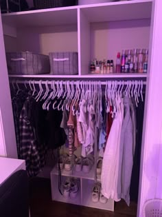 an organized closet with clothes and shoes on the shelves, in front of a purple light