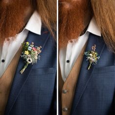 two pictures of a man with red hair wearing a blue suit and flower boutonniere