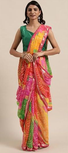 Multicolor color Saree in Georgette fabric with Bandhej, Gota Patti work Fusion Style Multicolor Dupatta For Diwali, Multicolor Fusion Dupatta For Diwali, Fusion Multicolor Dupatta For Diwali, Fusion Style Multicolor Traditional Dupatta, Fusion Style Multicolor Dupatta In Traditional Drape, Fusion Style Multicolor Dupatta With Zari Work, Multicolor Fusion Dupatta With Traditional Drape, Multicolor Fusion Dupatta In Traditional Drape, Festive Multicolor Fusion Dupatta