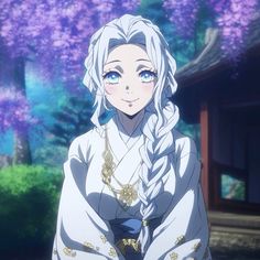 an anime character with long white hair and blue eyes sitting in front of purple flowers