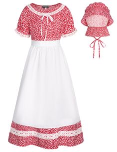 PRICES MAY VARY. Material: Made of breathable, comfortable and lightweight fabric. 98% Cotton, 2% Polyester. Three Piece Set: Kid girls colonial dress, attached apron and bonnet. Short sleeves with elastic cuffs, crew neck, cute flower printed dress the neckline with elastic band, can also be worn as off shoulder. Attached apron is about 22 inches, tie at the back. Occasion: Perfect for pioneer trek, civil war reenactment cosplay, colonial fair, education day, pilgrim,school play,theater, thanks Pioneer Costume Kids, Colonial Dresses For Kids, Pioneer Dress Walmart, Peasant Girl Dress, Red Short Sleeve Folk Dresses, Flower Printed Dress, Pioneer Trek, Education Day, Pioneer Dress