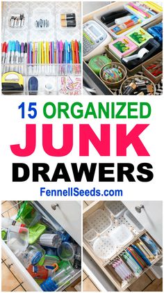 an organized junk drawer with lots of items in it and the title overlay reads 15 organized junk drawers