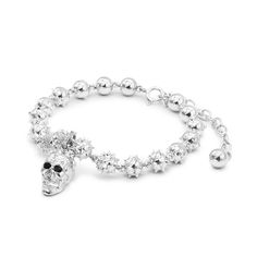 Classic Vampire skull Bracelet with a modern twist. The faceted hanging Vampire Skull charm features deathly black onyx eyes and fanged teeth. Elevated by gradual delicate spike details on the sphere charms, bringing a subtle elegance to this refined bracelet.

Available in 2 high-gloss finishes; 925 Sterling Silver with Rhodium Plating or 925 Sterling Silver with 18 Carat Yellow Plating.

Length – 160mm + 80mm extension chain Fanged Teeth, Classic Vampire, Onyx Eyes, Vampire Skull, Skull Bracelet, Black Onyx, Silver Bracelets, Rhodium Plated, Onyx