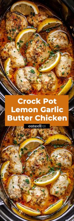 the crock pot lemon garlic butter chicken is shown in an instant pressure cooker