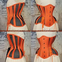 New LONG LINE UNDERBUST from "MystiC City Corsets" design: MCC-61 "ANTI-MUFFIN" Orange satin/black sport mesh ORIGINAL design/photo: "MystiC City Corsets" front length: 12" side length: 10-14" back length: 13.5" - fashion layer: polyester satin/polyester mesh - lining: 100% cotton twill steel boning  - 6 x 12mm wide "white" flat steel bones  - 20 x 6mm wide spiral steel bones - front black busk ( stiff)  - boned underbusk for extra stiff front support  - floating modesty panel: 5" wide ( boned) - waist tape - high quality 1/4" grommets Corset MCC-61 is recommended for waist training, perfect for more extreme 5-6-7" waist reduction- for experienced tightlacers only Needs longer "seasoning" waist can stretch a bit and sizes runs big for ex: size 22" is more close to 23" Fitted Costume Corset Belt With Boning, Gothic Overbust Corset Belt With Medium Bust Support, Stretch Gothic Corset For Costume Party, Fitted Corset Belt With Boning For Costume, Gothic Stretch Corset For Costume Party, Fitted Boning Corset Belt For Costume, Gothic Stretch Corset For Cosplay, Fitted Halloween Corset With Boning, Fitted Cosplay Corset With Boning