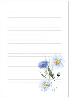 a notepad with blue flowers and green leaves on the bottom, lined in paper