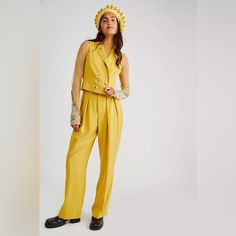 This Outfit Is So Cute And Fun. I Was So Excited About It But It Was Too Large So I'm Reposhing This Item I Purchased From @Amadapp. It's A Great Color Yellow And Super Comfy! Hope It Fits Someone Perfectly! For Reference, I'm 5'7" And 135lbs And Should Have Gone For A Size 4. Free People Vest, Vest Suit, Sleeveless Duster, Neckline Slimmer, Vest Crop Top, Free People Jacket, Cropped Vest, Suit Vest, Free People Pants