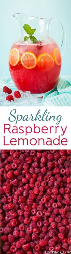 sparkling raspberry lemonade in a pitcher with fresh fruit