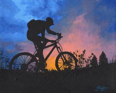 a painting of a person riding a bike in the sunset with clouds and grass behind them