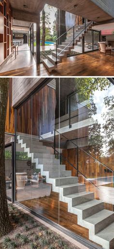 two pictures of the inside and outside of a house with stairs leading up to it