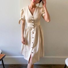 sexy v neck cotton summer elegant buttons puff sleeve office midi dress Summer Office Dress, Khaki Midi Dress, Summer Dress Elegant, Solid Midi Dress, Women Summer Dress, Korean Casual Outfits, Costume Shirts, Cotton Dress Summer, Elegant Dresses For Women