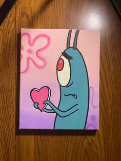 a painting of a blue bug holding a heart on a wooden table with pink flowers