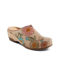 a women's shoe with flowers on the side and wooden heeling in beige