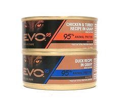 two cans of evo chicken and turkey recipe in gravy on a white background