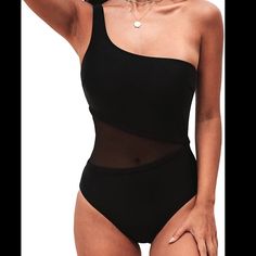 Black One Shoulder Wide Strap Middle Cut Mesh One Piece Swimsuit. Trendy Black Party Swimwear, Black Summer Party Bodysuit, Trendy Black Swimwear With Lined Body, Black Trendy Summer Bodysuit, Trendy Black Summer Bodysuit, Fitted Black Summer Bodysuit, Black Beachwear Bodysuit For Spring, Elegant Black Bodysuit For Beach Season, Trendy Black Bodysuit For Beach Season