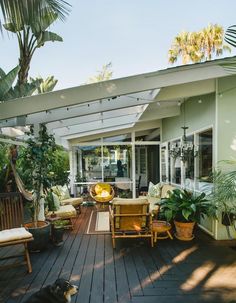 a dog is laying on the wooden deck in front of a house with lots of plants