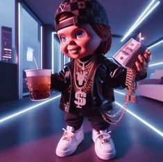 the doll is holding a drink and money in his hand while wearing a hat with chains on it