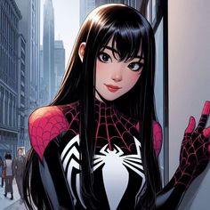 a woman with long black hair wearing a spider - man suit and holding her hand up