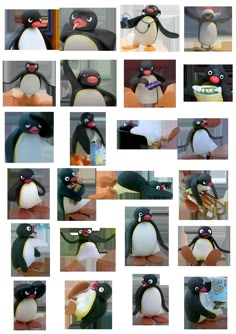 many penguins are standing together in different poses