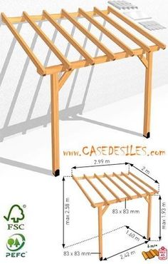 a wooden structure with measurements for the top and bottom sides, including an attached roof