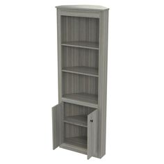 a tall bookcase with two shelves and one door open to reveal the bottom shelf