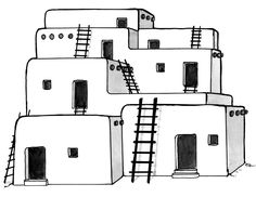 a black and white drawing of a house with ladders