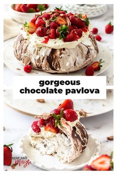 a cake with strawberries on top and chocolate pavlova in the middle