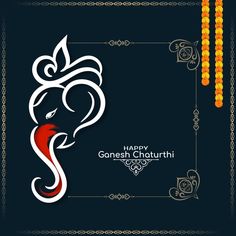 happy ganeshi greeting card with an elephant face and beads on dark background illustration