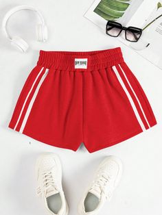 Red Knitted Patchwork Side Striped Women's Summer Shorts Red Casual   Knitted Fabric Colorblock,Letter,Striped Track Shorts Slight Stretch  Women Clothing, size features are:Bust: ,Length: ,Sleeve Length: Knitted Patchwork, Womens Summer Shorts, Women Shorts, Track Shorts, Side Stripe, Kids Sleepwear, Bra Women, Summer Shorts, All Fashion