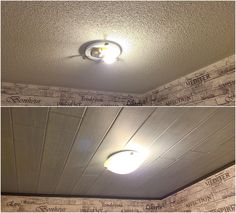 two pictures of the ceiling and light in a room with wallpapered walls on it