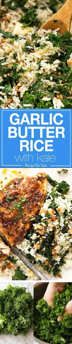 garlic butter rice with spinach and parsley on the side is shown in three different pictures