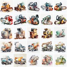 many different types of trucks painted in watercolor