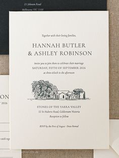 the wedding stationery is laid out on top of each other, including an envelope