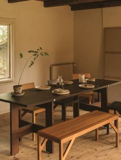 a dining room table with two benches and a potted plant