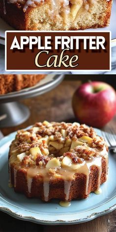 an apple fritter cake on a plate with the words, apples fritter cake