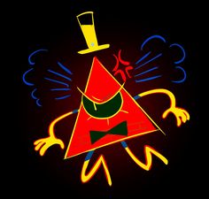 a red triangle with a top hat and bow tie on it's head is surrounded by colorful swirls